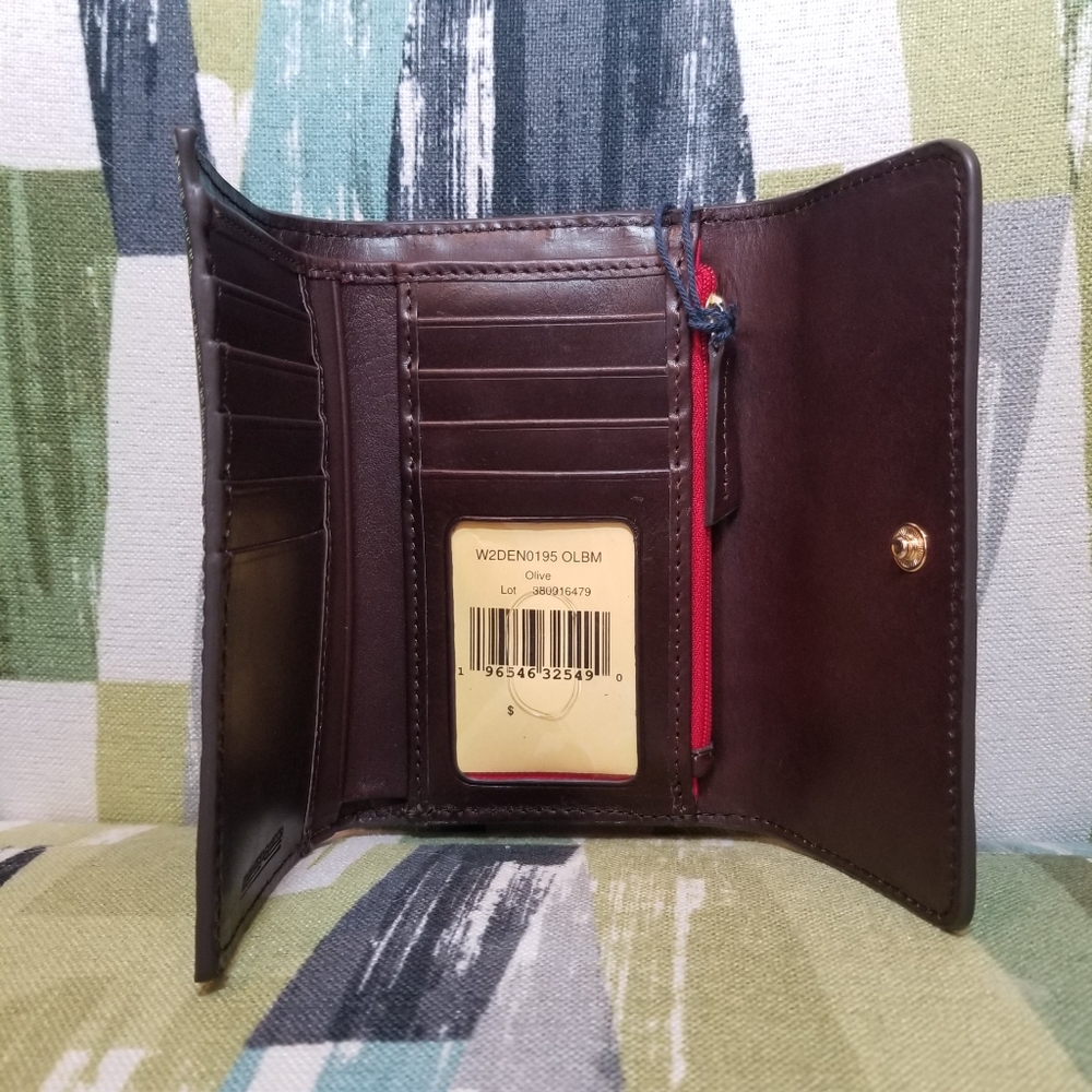 Dooney & Bourke Denison Flap Wallet In Olive Croco Effect Trifold Wallet - Picture 9 of 14